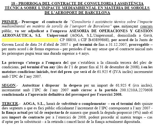 Pròrroga del contracte de consultoria i assistència tènica sobre l'impacte de l'aeroport del Prat (18 de desembre de 2007)